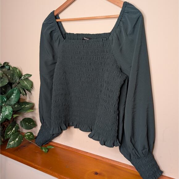 Madewell Green Smocked Square Neck Blouse Long Sleeve Women’s Large NWT - Picture 3 of 10